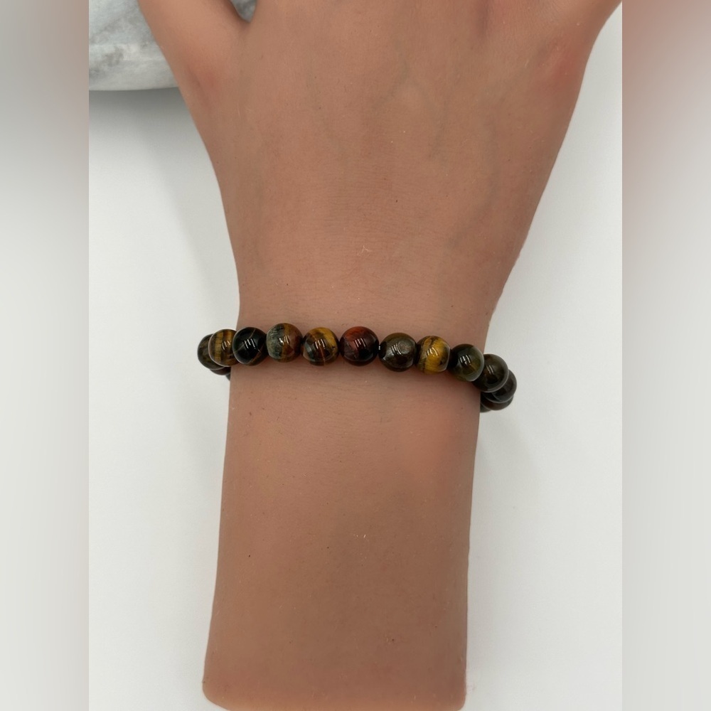 Tiger Eye Bracelet 8mm Round Stretch Elastic Band Triple Protection